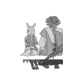 Rule 34 | 1boy, 1girl, animal ears, arknights, armband, boots, braid, closed umbrella, from behind, greyscale, hat, knee boots, kroos (arknights), kroos the keen glint (arknights), long hair, long sleeves, monochrome, mr. nothing (arknights), official alternate costume, rabbit ears, simple background, single braid, sitting, skirt, snsstk1, umbrella, very long hair, white background