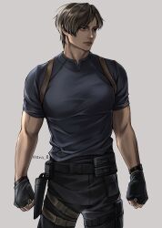Rule 34 | 1boy, belt, black gloves, brown hair, cowboy shot, curtained hair, fingerless gloves, gloves, grey background, highres, holster, leon s. kennedy, looking to the side, male focus, muscular, muscular male, pectorals, resident evil, resident evil 4, resident evil 4 (remake), shirt, short hair, shoulder holster, simple background, solo, standing, t-shirt, thigh strap, tight clothes, tight shirt, ttea ll, twitter username