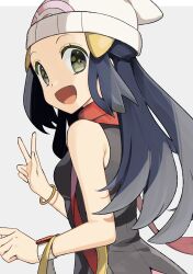 Rule 34 | 1girl, :d, black shirt, blue hair, bracelet, breasts, creatures (company), dawn (pokemon), from side, game freak, green eyes, grey background, hat, highres, jewelry, long hair, looking at viewer, looking back, nintendo, open mouth, pokemon, pokemon dppt, print headwear, shirt, sleeveless, sleeveless shirt, small breasts, smile, solo, upper body, w, white hat, yuihico