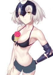 Rule 34 | 1girl, ahoge, armor, bare shoulders, besmiled, between breasts, bikini, bikini top only, black bikini, breasts, cleavage, cowboy shot, denim, denim shorts, closed eyes, fate/grand order, fate (series), flower, front-tie bikini top, front-tie top, gauntlets, hand on own thigh, headpiece, jeanne d&#039;arc (fate), jeanne d&#039;arc alter (avenger) (fate), jeanne d&#039;arc alter (fate), looking at viewer, medium breasts, midriff, navel, red flower, red rose, rose, short hair, shorts, simple background, solo, standing, stomach, swimsuit, white background, yellow eyes