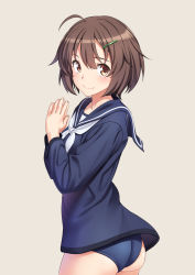 Rule 34 | 10s, 1girl, ahoge, ass, blush, brave witches, brown eyes, brown hair, commentary request, dress, from behind, from side, hair ornament, hairclip, highres, karibuchi hikari, looking at viewer, looking back, neckerchief, no pants, own hands together, sailor dress, short hair, smile, solo, strike witches, swimsuit, swimsuit under clothes, tenkuu nozora, world witches series