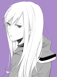 Rule 34 | 1girl, absurdres, commentary, from side, greyscale with colored background, hair between eyes, highres, hood, hood down, hoodie, kagerou project, kido tsubomi, long hair, looking at viewer, looking to the side, parted lips, portrait, saitou shiori (pixiv14549321), serious, shirt, simple background, solo