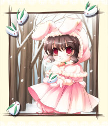 Rule 34 | 1girl, :3, animal ears, brown hair, rabbit ears, coat, female focus, forest, hood, inaba tewi, mittens, nature, outdoors, red eyes, short hair, snow rabbit, solo, tail, takatsukasa yue, touhou