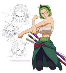 Rule 34 | 1girl, absurdres, angry, annoyed, bandages, bandana, bare shoulders, breasts, cleavage cutout, closed eye, clothes around waist, clothing cutout, envi2hands, expressions, female focus, flexing, genderswap, genderswap (mtf), green hair, highres, jacket, jacket around waist, japanese clothes, katana, kimono, large breasts, midriff, navel, nose bubble, one piece, ornament, pants, purple eyes, roronoa zoro, sarashi, scar, scar across eye, scar on chest, serious, short hair, sideboob, sleeping, smile, solo, source request, sword, veins, weapon, yukata