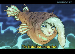 Rule 34 | anglerfish, animal focus, artist name, blue eyes, cat, chimera, commentary, curioscurio, english commentary, english text, fish, letterboxed, looking at viewer, meme, no humans, original, photo-referenced, screentones, signature, subtitled, the nefarious anglerfish (meme), underwater, watermark