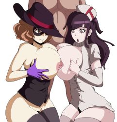 Rule 34 | 1boy, 2girls, alternate costume, arm warmers, armpits, ass, atlus, bare arms, bare pectorals, black corset, black footwear, black headwear, black legwear, black mask, bottomless, breasts, breasts out, brown eyes, buttons, closed mouth, clothed female nude male, collarbone, corset, cum, cum on body, cum on breasts, cum on upper body, danganronpa (series), danganronpa 2: goodbye despair, dress, ears, eyebrows hidden by hair, eyelashes, face, faceless, faceless male, gloves, grabbing, grabbing another&#039;s breast, hand on breast, hand on own breast, hand up, hat, hetero, highres, kneeling, large breasts, legs, looking at another, mask, multiple girls, navel, naver, nipples, nose, nude, nurse, nurse cap, official alternate costume, offscreen person, okumura haru, open mouth, orange hair, paizuri, pectorals, penis, persona, persona 5, purple eyes, purple gloves, purple hair, shin megami tensei, simple background, sitting, smile, standing, tan footwear, tan legwear, teeth, thighhighs, thighs, tongue, tongue out, tsumiki mikan, upper teeth only, white background, white dress, white headwear