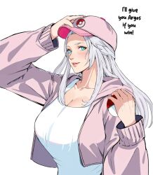 Rule 34 | 1girl, aqua eyes, baseball cap, blue eyes, blush, breasts, cleavage, collarbone, creatures (company), cropped hoodie, english text, final fantasy, final fantasy xiv, forehead, game freak, grey hair, hand on headwear, hat, hood, hoodie, jamjamstyle, large breasts, long hair, long sleeves, looking at viewer, nintendo, nose, open clothes, open hoodie, pink hat, pink hoodie, poke ball, pokemon, simple background, smile, solo, upper body, venat (ff14), white background