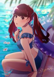 Rule 34 | 1girl, alternate costume, alternate hairstyle, aznmeee, bikini, blue bikini, blue ribbon, blush, commentary request, flower, hair ribbon, highres, innertube, long hair, looking at viewer, parted lips, partially submerged, persona, persona 5, persona 5 the royal, red eyes, red hair, ribbon, sitting, solo, swim ring, swimsuit, twintails, twitter username, water, white flower, yoshizawa kasumi