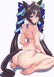 Rule 34 | 1girl, :3, absurdres, aki (mmtghdak), alternate costume, animal ears, ass, beret, bikini, black hair, blush, breasts, commentary request, earrings, full body, hair between eyes, hair ornament, hat, highres, horse ears, jewelry, long hair, looking at viewer, mole, mole under eye, seiza, simple background, single earring, sitting, solo, swimsuit, twintails, umamusume, vivlos (umamusume), white background