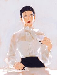 Rule 34 | 1girl, black eyes, black hair, black nails, chengongzi123, cup, genderswap, genderswap (mtf), gloves, golden kamuy, grey background, hand up, highres, holding, holding cup, jewelry, long sleeves, looking at viewer, parted lips, puffy long sleeves, puffy sleeves, red lips, ring, see-through silhouette, shirt, short hair, simple background, table, teacup, tsurumi tokushirou, unworn gloves, upper body, very short hair, white shirt