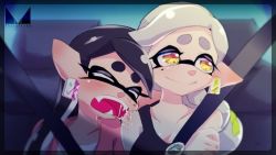 Rule 34 | + +, 2girls, alternate hairstyle, callie (splatoon), black hair, black shirt, brown eyes, chichi band, closed mouth, commentary request, cousins, earrings, closed eyes, fangs, hair down, marie (splatoon), jewelry, leaning on person, mole, mole under eye, multiple girls, nintendo, open mouth, pink shirt, saliva, seatbelt, shirt, side-by-side, sleeping, smile, splatoon (series), vehicle interior, watch, watermark, wristwatch