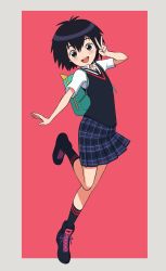 Rule 34 | 1girl, artist request, backpack, bag, black hair, blush, brown eyes, highres, looking at viewer, marvel, necktie, open mouth, peni parker, pleated skirt, school uniform, short hair, skirt, smile, solo, spider-man: into the spider-verse, spider-man (series), spider-verse, sweater, sweater vest, yoshi (moco1)