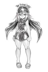 Rule 34 | 1girl, artist name, clenched hands, dress, full body, greyscale, hat, highres, jewelry, kyouyama anna, medium hair, monochrome, necklace, sandals, shaman king, short dress, solo, the golden smurf, thighs