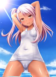 Rule 34 | 1girl, :d, arms behind head, arms up, blue sky, blush, breasts, brown eyes, cameltoe, chloe von einzbern, cloud, cold, covered navel, dark-skinned female, dark skin, day, fate/kaleid liner prisma illya, fate (series), gluteal fold, hair between eyes, highres, horizon, ki (kk-sk-ray), long hair, ocean, old school swimsuit, one-piece swimsuit, open mouth, outdoors, pink hair, school swimsuit, see-through, sky, small breasts, smile, solo, stomach tattoo, sunlight, swimsuit, tattoo, wading, water, white one-piece swimsuit, white school swimsuit