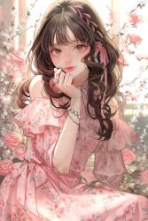 Rule 34 | 1girl, arm support, backlighting, bracelet, brown eyes, brown hair, closed mouth, clothing cutout, commentary, dress, earrings, expressionless, eyelashes, floral print, flower, glint, hair ribbon, hand up, highres, hina (xoxo), indoors, jewelry, light blush, lips, long hair, looking at viewer, mole, mole under mouth, original, pink dress, pink flower, pink ribbon, pink rose, realistic, ribbon, ring, rose, shoulder cutout, sitting, solo, sparkling eyes, symbol-only commentary, wavy hair, window