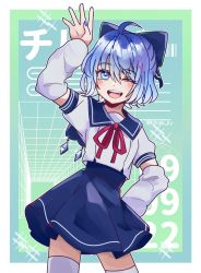 Rule 34 | 1girl, ;d, arm up, blue bow, blue eyes, blue hair, blush, bow, cirno, commentary, detached sleeves, english commentary, eyelashes, hair bow, hand on own hip, highres, kikeiju, looking at viewer, one eye closed, open mouth, school uniform, serafuku, short hair, smile, solo, thighhighs, touhou, white thighhighs