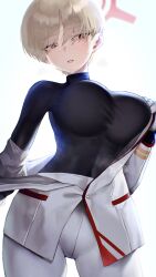 Rule 34 | 1girl, absurdres, black shirt, blonde hair, blue archive, blush, breasts, cowboy shot, gloves, halo, highres, jacket, kazane-wind, large breasts, long sleeves, marina (blue archive), open mouth, pants, red halo, shirt, short hair, solo, sweat, white gloves, white jacket, white pants, yellow eyes
