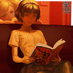 Rule 34 | 2girls, arm rest, bare arms, blonde hair, book, braid, brown hair, buttons, closed mouth, collared shirt, crown braid, dated, fingernails, hair ornament, hairclip, head rest, holding, holding book, ikeda (cpt), indoors, long hair, looking down, multiple girls, niijima makoto, open book, pantyhose, persona, persona 5, plaid, plaid skirt, reading, red eyes, shirt, short hair, short sleeves, sitting, skirt, smile, solo focus, swept bangs, takamaki anne, wing collar