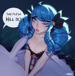Rule 34 | 1boy, 1girl, absurdres, ahoge, artist name, black bow, black dress, bow, breasts, cleavage, closed mouth, collarbone, colored skin, dress, drill hair, english text, green eyes, green hair, grey dress, grey skin, gwen (league of legends), hair bow, highres, imminent fellatio, large breasts, league of legends, long hair, looking up, multicolored background, nipple slip, nipples, own hands together, penis, satanya, speech bubble, testicles, viego (league of legends)