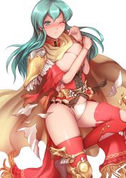 Rule 34 | 1girl, aqua hair, blue eyes, blush, bracelet, breasts, cape, closed mouth, covering privates, covering breasts, earrings, eirika (fire emblem), fire emblem, fire emblem: the sacred stones, highres, jewelry, jtaka, long hair, nintendo, one eye closed, panties, simple background, solo, thighhighs, torn clothes, underwear, white background, white panties