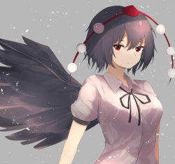 Rule 34 | 1girl, absurdres, arms at sides, black hair, black ribbon, black wings, breasts, closed mouth, collared shirt, commentary request, feathered wings, grey background, hair between eyes, hat, highres, kogane ringo, looking at viewer, medium breasts, pom pom (clothes), red eyes, red hat, ribbon, shameimaru aya, shirt, short hair, simple background, smile, solo, tokin hat, touhou, upper body, white shirt, wings