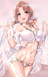 Rule 34 | 1girl, :d, bikini, breasts, brown hair, commentary request, groin, hair ornament, hair scrunchie, hairclip, highres, ichikawa hinana, idolmaster, idolmaster shiny colors, large breasts, long hair, looking at viewer, low twintails, mismatched bikini, navel, open mouth, print bikini, purple eyes, scrunchie, smile, solo, swimsuit, temir, twintails, white bikini