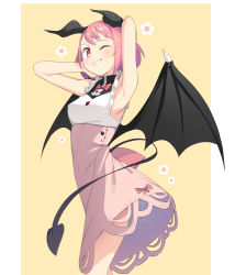 Rule 34 | 1girl, arm up, armpits, black wings, blush, breasts, brown background, demon girl, demon horns, demon tail, demon wings, dress, grin, horns, looking at viewer, one eye closed, original, pink dress, pink hair, red eyes, saiste, shirt, sleeveless, sleeveless shirt, small breasts, smile, solo, standing, tail, two-tone background, white background, white shirt, wings