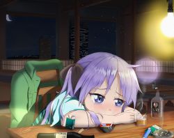 Rule 34 | 2 ru, absurdres, alcohol, ashes, ashtray, balsamic vinegar, bar (place), blue eyes, bottle, bow, brand specific, building, chair, cigarette, cork, crying, cup, depressed, drinking glass, drunk, green jacket, highres, hiiragi kagami, ice, ice cube, indoors, jacket, lens flare, light bulb, lighter, long hair, lucky star, miso soup, moon, purple hair, sad, shot glass, signature, sitting, smoke, sparkle, table, tears, whiskey, window, wine bottle