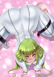 Rule 34 | 1girl, absurdres, all fours, ass, bare shoulders, blush, bodysuit, breasts, c.c., closed mouth, code geass, feet, from above, green hair, highres, huge ass, large breasts, long hair, long sleeves, looking at viewer, looking up, pashapencil, pink background, simple background, smile, soles, solo, toes, white bodysuit, yellow eyes