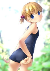 Rule 34 | 1girl, adjusting clothes, adjusting swimsuit, ass, bare arms, bare shoulders, blonde hair, blue eyes, blue one-piece swimsuit, blurry, blurry background, blurry foreground, blush, closed mouth, commentary request, day, depth of field, fingernails, hair between eyes, hair bobbles, hair ornament, head tilt, highres, looking at viewer, looking back, old school swimsuit, one-piece swimsuit, original, outdoors, school swimsuit, shibacha, side ponytail, sidelocks, smile, solo, swimsuit