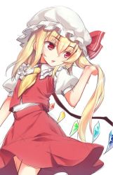 Rule 34 | 1girl, ascot, blonde hair, bow, cowboy shot, flandre scarlet, hair between eyes, hat, hat bow, highres, holding, holding own hair, long hair, looking to the side, mob cap, oborofu, open mouth, puffy short sleeves, puffy sleeves, red bow, red eyes, red skirt, short sleeves, side ponytail, simple background, skirt, skirt set, solo, touhou, white background, white hat