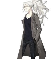 Rule 34 | 1boy, alchemy stars, alternate hairstyle, black gloves, brown eyes, charon (alchemy stars), closed mouth, coat, collarbone, gloves, grey background, grey coat, grey hair, hair between eyes, hand in pocket, highres, long hair, male focus, open clothes, open coat, ponytail, simple background, solo, thumb in pocket, very long hair, viiiper