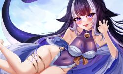 Rule 34 | 1girl, absurdres, animal ears, bell, belt collar, black hair, blue collar, blunt bangs, blush, body markings, breasts, cetacean tail, claw pose, cleavage, collar, covered navel, facial mark, fangs, fins, fish tail, highres, indie virtual youtuber, jingle bell, large breasts, long hair, looking at viewer, multicolored hair, navel, one-piece swimsuit, open mouth, orca girl, purple eyes, see-through, see-through swimsuit, shylily, shylily (3rd costume), smile, solo, streaked hair, swimsuit, tail, thigh strap, virtual youtuber, white hair, white one-piece swimsuit, yaebunny