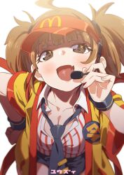 1girl :d bent_over black_necktie black_shorts blush breasts brown_eyes brown_hair cleavage collarbone collared_shirt commentary_request double_cheese_(mcdonald&#039;s) dress_shirt hand_on_own_hip hand_up hat headset highres jacket mcdonald&#039;s medium_breasts necktie open_clothes open_jacket open_mouth red_hat shirt short_shorts short_sleeves shorts simple_background smile solo striped_clothes striped_shirt tie_clip twintails vertical-striped_clothes vertical-striped_shirt visor_cap white_background white_shirt wide_sleeves yellow_jacket yuuzii