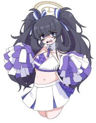 Rule 34 | 1girl, @ @, black hair, blue archive, cheerleader, detached collar, dr yamero, hair between eyes, halo, highres, long hair, millennium cheerleader outfit (blue archive), navel, pom pom (cheerleading), simple background, skirt, twintails, ui (blue archive), white background