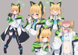 Rule 34 | 1girl, animal ear headphones, animal ears, black footwear, black thighhighs, blonde hair, blue archive, blue necktie, blush, bow, bra, cat ear headphones, cat tail, collared shirt, commission, fake animal ears, glasses, green eyes, grey background, hair bow, halo, handheld game console, headphones, holding, holding handheld game console, holding pen, hood, hooded jacket, jacket, midori (blue archive), miso (misomiso 154), multicolored clothes, multicolored jacket, multiple views, navel, necktie, nintendo switch, open clothes, open shirt, panties, pen, red-framed eyewear, semi-rimless eyewear, shirt, short hair, shorts, simple background, skeb commission, striped bra, striped clothes, striped panties, sweatdrop, tail, thighhighs, training bra, under-rim eyewear, underwear, white bra, white shirt, wide sleeves