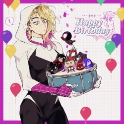 Rule 34 | !, balloon, blonde hair, bodysuit, border, chibi, colored tips, drum, eyebrow piercing, grid background, gugusam0, gwen stacy, happy birthday, highres, hood, hooded bodysuit, instrument, knit hat, marvel, mask, mayday parker, multicolored hair, peni parker, peter b parker, piercing, purple border, smile, sp//dr, spider-byte, spider-gwen, spider-ham, spider-man: across the spider-verse, spider-man (miles morales), spider-man (series), spider-man india, spider-man noir, spider-punk, spider-verse, spider web print, spoken exclamation mark, two-tone bodysuit