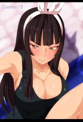 Rule 34 | 1girl, armpits, artist name, black hair, blush, breasts, cleavage, collarbone, fairy tail, frown, gaston18, hair ribbon, highres, kagura mikazuchi, large breasts, letterboxed, long hair, ribbon, solo, tank top