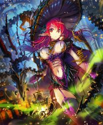Rule 34 | 1girl, breasts, cygames, garter belt, garter straps, gradient hair, hat, holding, lantern, large breasts, long hair, looking at viewer, multicolored hair, navel, official art, outdoors, pointy ears, purple hair, red eyes, red hair, shadowverse, solo, thighhighs, two-tone hair, witch hat, yui (niikyouzou)
