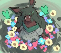 Rule 34 | 1girl, animal ears, arms at sides, bare shoulders, bug, butterfly, dark skin, dress, druid rabbit, floral background, flower, green butterfly, green eyes, grey dress, highres, insect, long hair, mino dev, rabbit and steel, rabbit ears, rabbit girl, solo, strapless, two-tone dress, very long hair