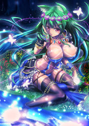 Rule 34 | 1girl, animal ears, bare shoulders, black thighhighs, blue hair, bra, breasts, bug, butterfly, cleavage, covered erect nipples, female focus, firefly, flower, gradient hair, green hair, hair ornament, highres, insect, jewelry, kouzuki tsubasa (musou kaidou), large breasts, loincloth, long hair, lots of jewelry, multicolored hair, nature, navel, necklace, night, on ground, original, red eyes, sitting, soaking feet, solo, tattoo, thighhighs, underwear, water, wolf ears, yokozuwari