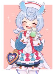 Rule 34 | 1girl, ^ ^, animal ears, apron, aqua bow, blue dress, blue hair, blush, bow, bowtie, closed eyes, crossed bangs, cup, dress, dress bow, fake wings, food, frilled apron, frills, genshin impact, gloves, gold trim, hat, head tilt, heart, highres, holding, holding cup, ice cream, ice cream float, long sleeves, low twintails, low wings, medium hair, nami harakamiaka, nurse cap, open mouth, outside border, pink background, pink bow, puffy long sleeves, puffy sleeves, rabbit ears, red bow, red bowtie, short twintails, sigewinne (genshin impact), sleeve cuffs, smile, sparks, teeth, thighhighs, twintails, two-tone background, upper teeth only, white apron, white background, white gloves, white thighhighs, wings