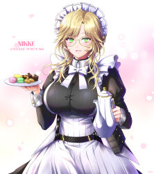 Rule 34 | 1girl, :d, ade (nikke), ahoge, apron, belt, black belt, black dress, blonde hair, bow, bowtie, braid, breasts, checkerboard cookie, commentary request, cookie, copyright name, cowboy shot, cupcake, dress, eyewear strap, food, glasses, goddess of victory: nikke, green eyes, highres, holding, holding plate, holding teapot, ichijo ahuro, juliet sleeves, large breasts, long sleeves, looking at viewer, macaron, maid, maid apron, maid headdress, open mouth, parted bangs, plate, puffy sleeves, sidelocks, smile, solo, teapot, white apron, white bow, white bowtie, yellow-framed eyewear