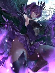 Rule 34 | 1girl, bad perspective, bare shoulders, boots, breasts, bright pupils, clothes lift, covered navel, dark elementalist lux, dress, elbow gloves, elementalist lux, fake wings, feather trim, frilled skirt, frills, from below, full moon, gloves, graveyard, hair ornament, hikarusorano, league of legends, lipstick, looking at viewer, lux (league of legends), makeup, medium breasts, moon, night, pantyhose, perspective, ponytail, purple dress, purple eyes, purple hair, purple lips, short dress, single thighhigh, skirt, skirt lift, smile, solo, staff, strapless, strapless dress, thigh boots, thighhighs, thighs, tombstone, tree, wings