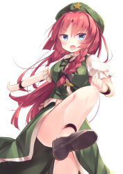 Rule 34 | 1girl, absurdres, foot out of frame, foot up, green hat, hat, hat ornament, highres, hong meiling, kanzakietc, long hair, one-hour drawing challenge, simple background, solo, standing, standing on one leg, star (symbol), star hat ornament, touhou, very long hair, white background