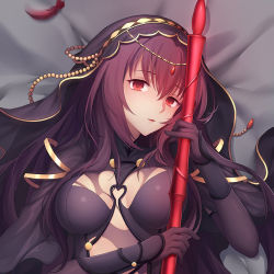 Rule 34 | 1girl, bed sheet, bodysuit, breasts, brown hair, cleavage, fate/grand order, fate (series), feathers, from above, gae bolg (fate), hair between eyes, head tilt, holding, holding weapon, jewelry, long hair, looking at viewer, lying, medium breasts, on back, parted lips, red eyes, red feathers, scathach (fate), solo, torn bodysuit, torn clothes, upper body, utdream, veil, weapon