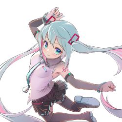 Rule 34 | 1girl, absurdres, arms up, bare shoulders, black skirt, black thighhighs, blouse, blue eyes, blue hair, blue nails, blue necktie, breasts, closed mouth, from above, full body, hatsune miku, hatsune miku (vocaloid4), highres, light blue hair, light blush, long hair, looking at viewer, nail polish, necktie, pleated skirt, see-through, see-through sleeves, shiroi karasu, shirt, simple background, skirt, sleeveless, sleeveless shirt, small breasts, smile, solo, thighhighs, twintails, very long hair, vocaloid, white background, white shirt, wing collar