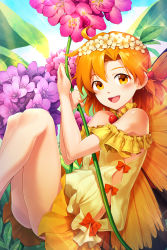 Rule 34 | 1girl, :d, absurdres, blue sky, blush, bow, brown eyes, brown hair, cherry hair ornament, day, dress, feet out of frame, flower, food-themed hair ornament, leaf hair ornament, hair ornament, head wreath, highres, holding, holding flower, idolmaster, idolmaster million live!, idolmaster million live! theater days, knees up, looking at viewer, medium hair, neck bell, open mouth, orange bow, outdoors, randle, sitting, sky, smile, solo, yabuki kana, yellow dress