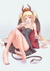 Rule 34 | 1girl, absurdres, barefoot, black dress, black nails, blonde hair, candy, convenient leg, covered erect nipples, demon girl, demon horns, demon tail, demon wings, dress, feet, food, food on head, full body, halloween, highres, horns, jack-o&#039;-lantern, long hair, looking at viewer, mouth hold, mura (1007mura), nail polish, object on head, original, pillow, pointy ears, red eyes, scrunchie, sidelocks, sitting, solo, strap slip, tail, toenail polish, toenails, toes, twintails, very long hair, wings