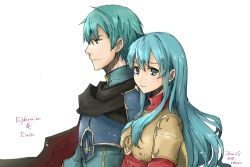 Rule 34 | 1boy, 1girl, aqua hair, armor, blue eyes, blue hair, blush, brother and sister, cape, character name, eirika (fire emblem), ephraim (fire emblem), fire emblem, fire emblem: the sacred stones, fire emblem heroes, gloves, green hair, long hair, looking at viewer, nintendo, robaco, siblings, simple background, skirt, smile, white background